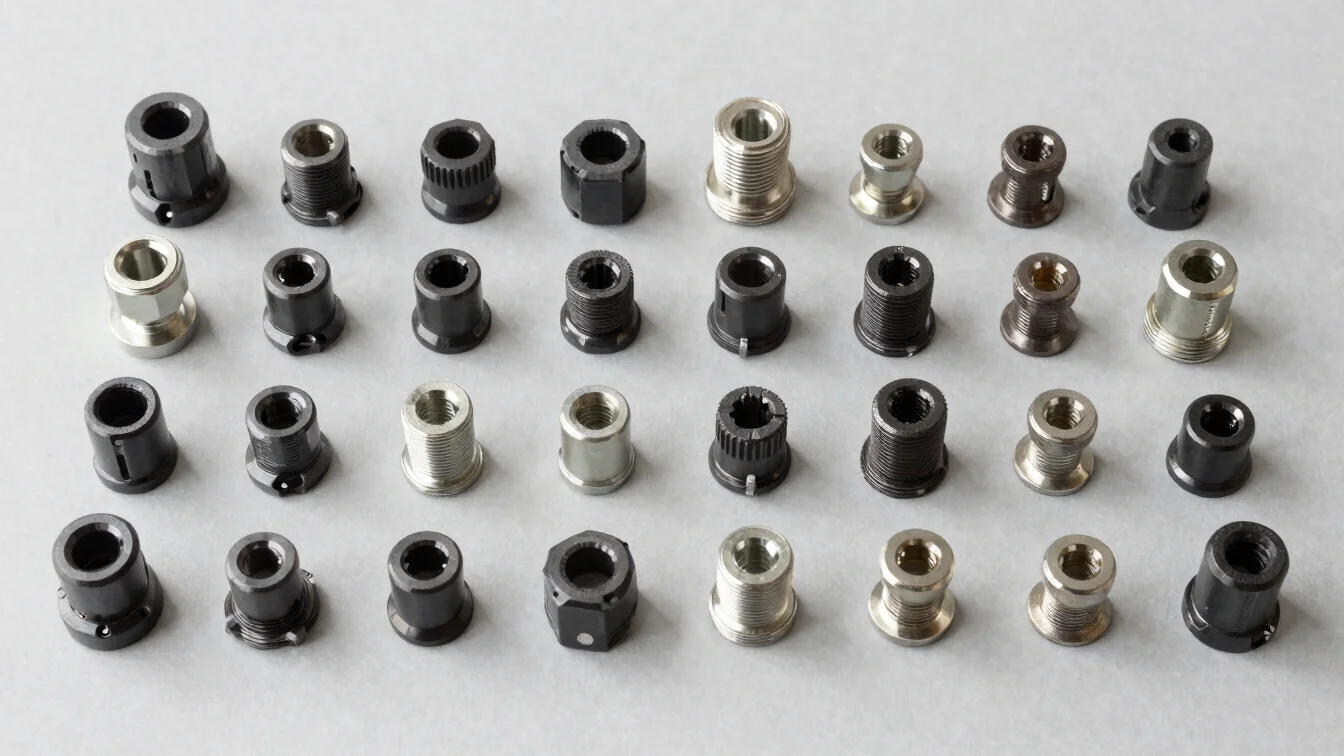 Neatly arranged hardware fittings and fasteners on a light grey s