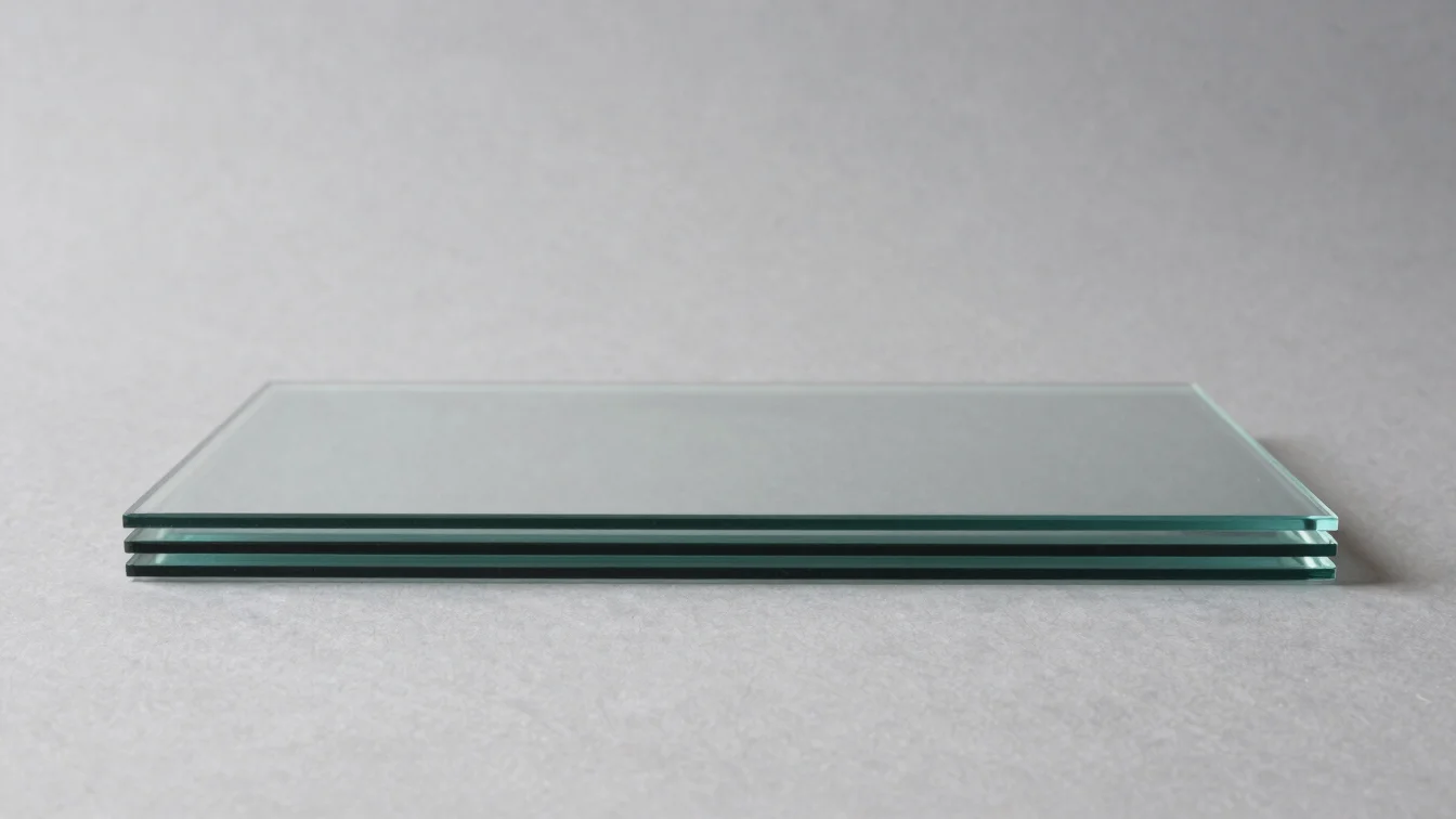 Stacked flat glass panes on a neutral grey surface, clean product