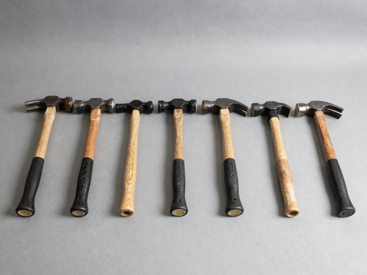 Claw hammers and mallets laid out in an orderly row, clean produc
