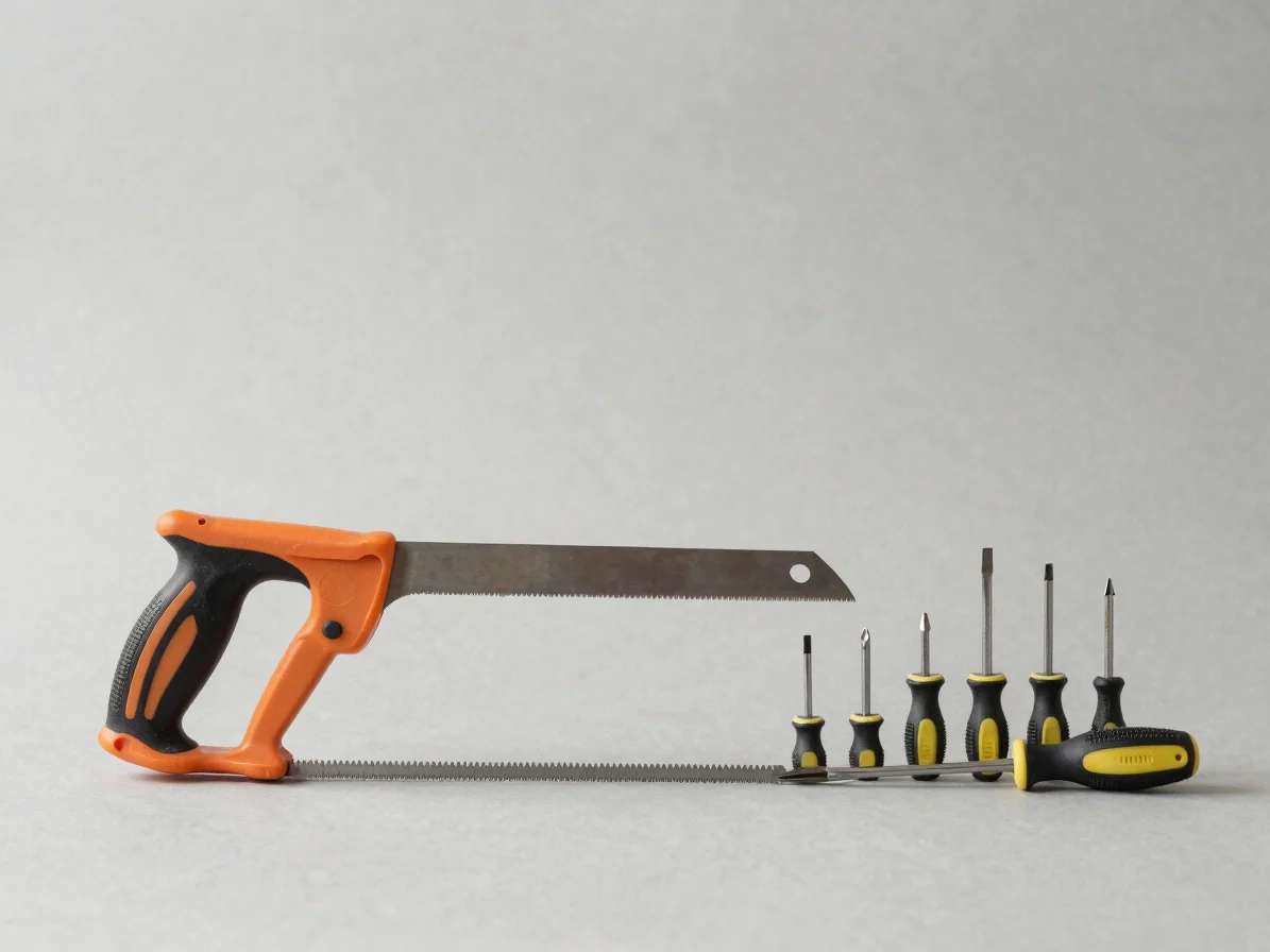 Hand saws and a set of screwdrivers arranged neatly on a neutral