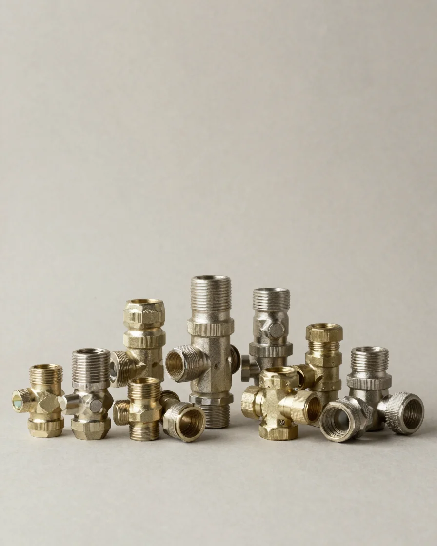 Clean product photography of orderly plumbing fittings and heating supplies on a neutral surface, even studio lighting,