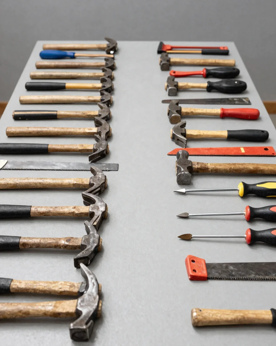 Organized rows of hand tools, hammers, saws, and screwdrivers on